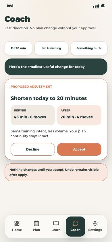 24/7 Fit Coach showing a proposed 20-minute workout adjustment