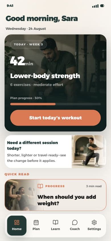 24/7 Fit dashboard showing today’s workout and plan progress