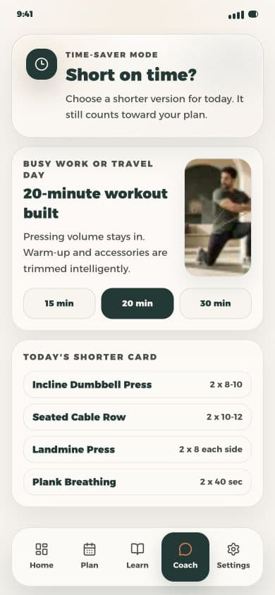 24/7 Fit Time-Saver mode building a 20-minute workout